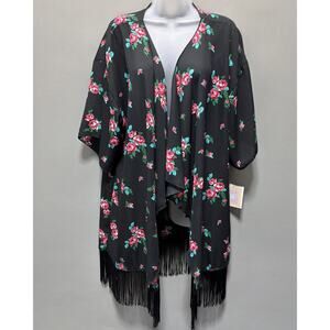 Lularoe Monroe Large NWT Kimono Open Cardigan Black Floral Fringe Hem Detail